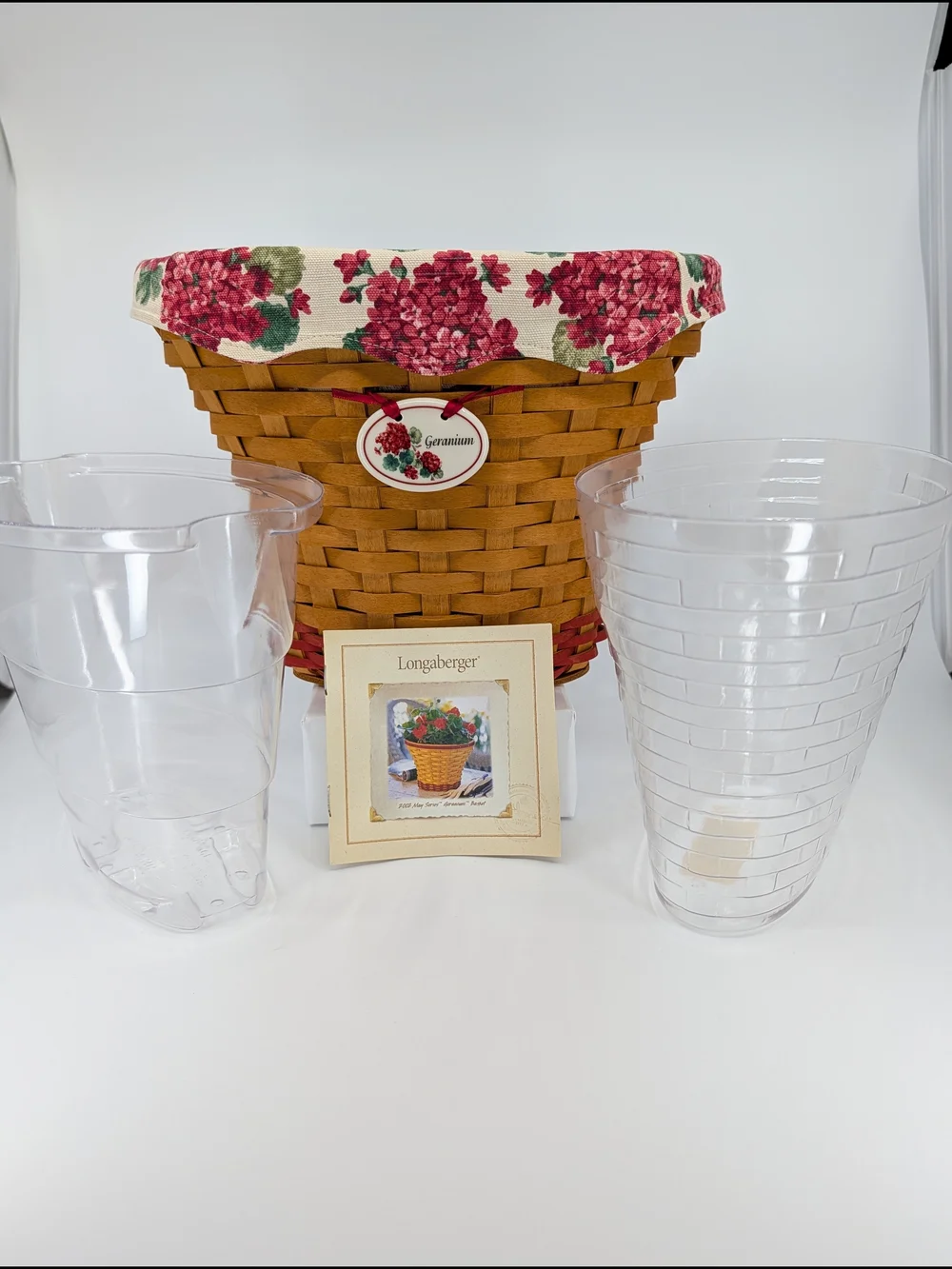 Longaberger 2002 May Series Geranium Basket Planter/Liner/2 Protectors/Tie-On